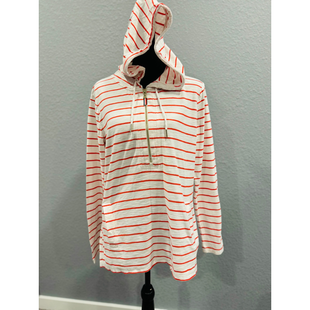 Tommy Hilfiger White & Red Striped Hoodie Top with Half-Zip - Size Large - Picture 2 of 16
